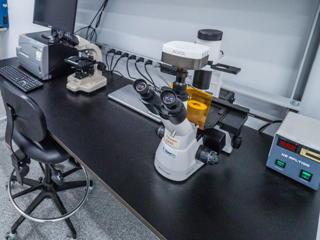 Microscopes and lab instruments on a bench, available through BaneBio
